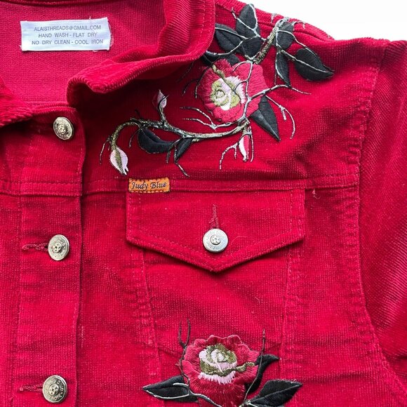 Judy Blue Womens Red Corduroy Embroidered Button-Up Jacket L Unique Retro Boho‎ - Picture 4 of 11